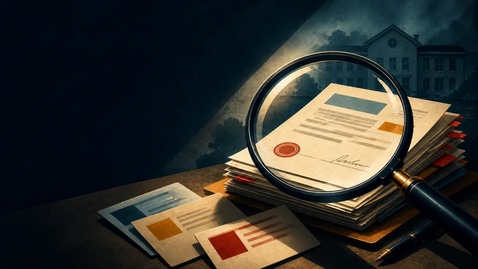 Illustration of a magnifying glass examining documents, with a school in the background